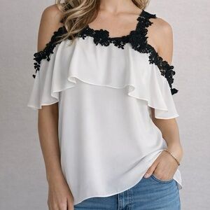 Thalia Sodi White with Black Lace Cold Shoulder Top